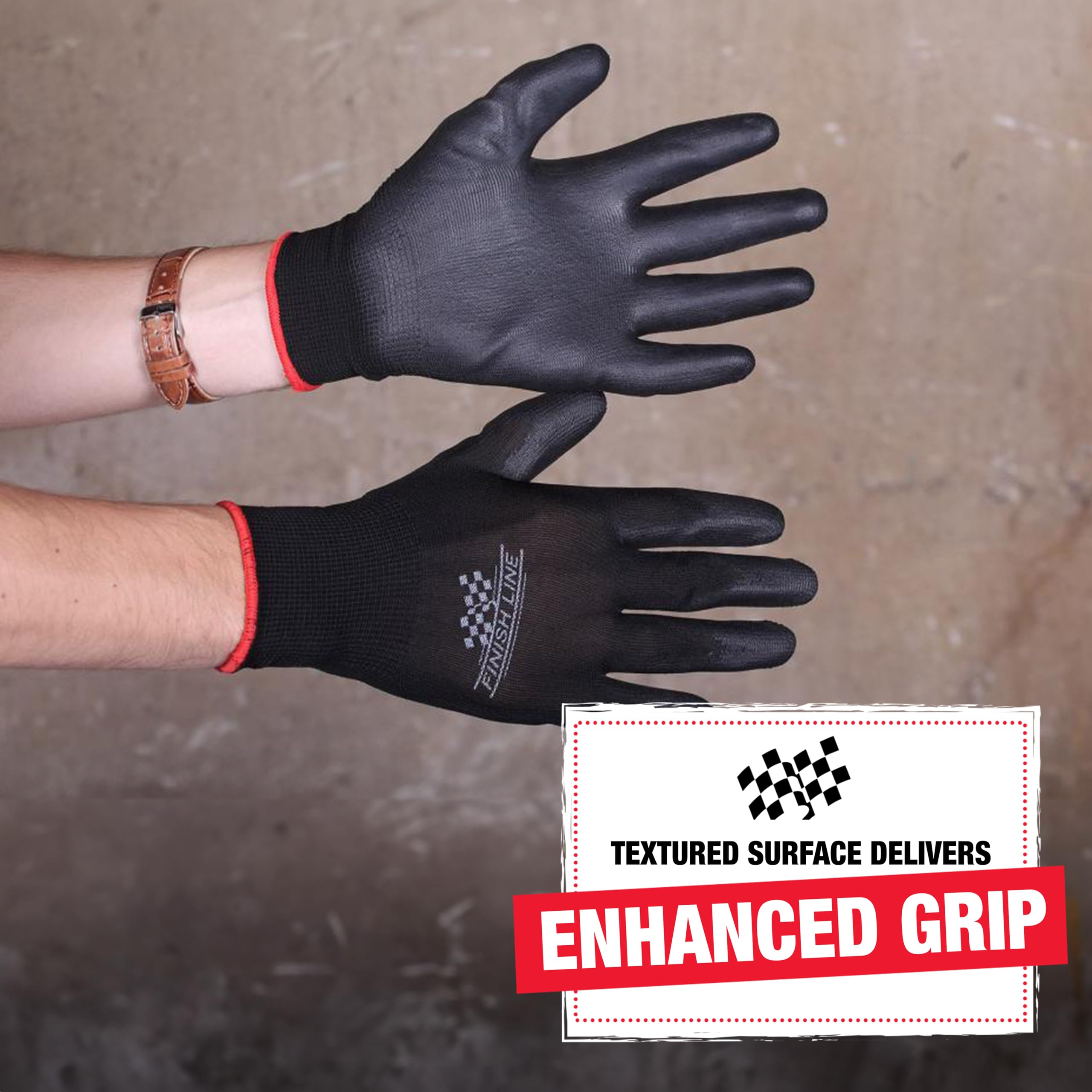 Finish Line Mechanic Grip Gloves for Bicycles, Latex-Free Gloves with Tactile-Enhancing Coating, Textured Palm for Superior Grip, Breathable Upper Fabric Keeps Hands Cool and Dry – Large, 3 Pack - Image 4
